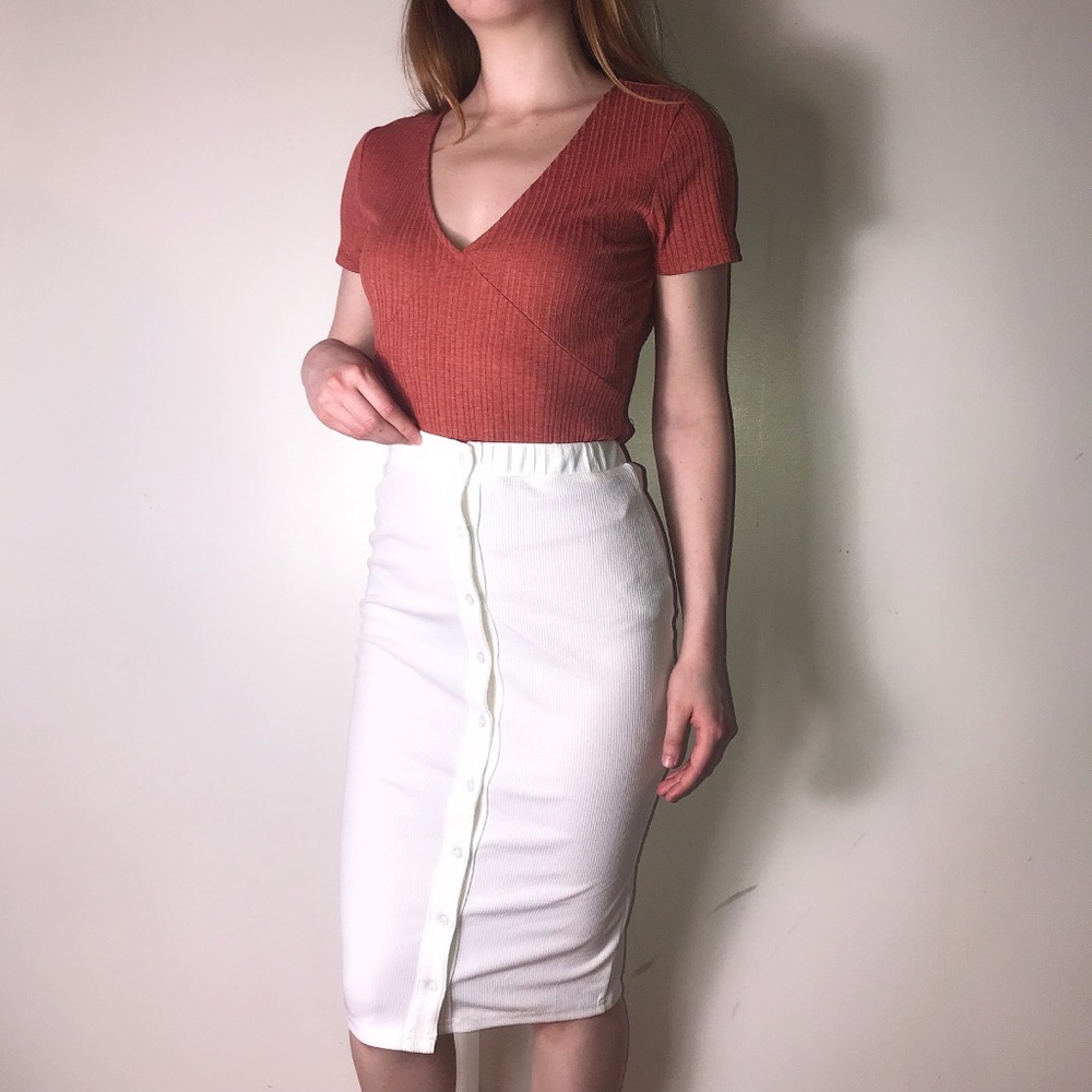 Ribbed Button Down Midi Skirt